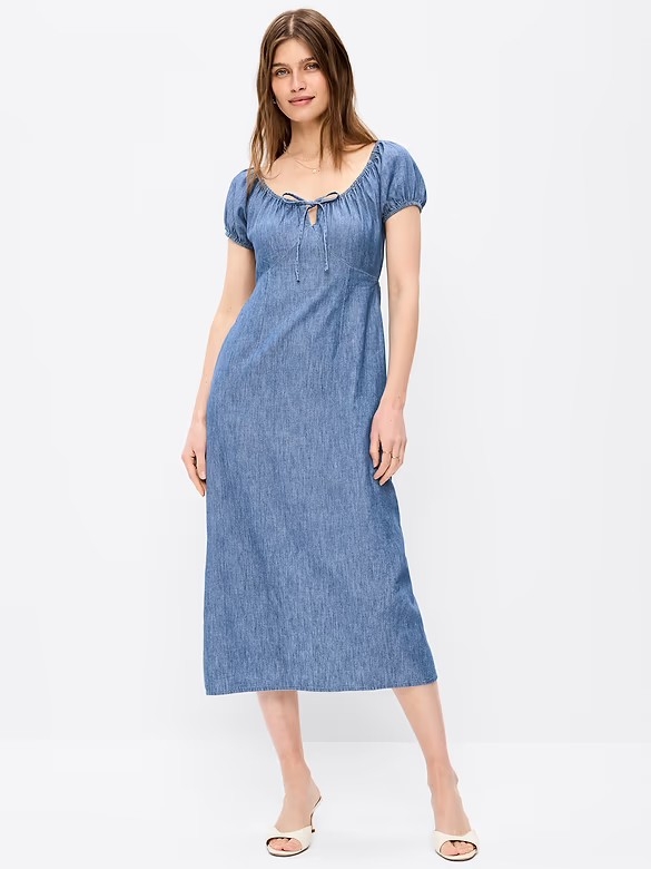 Old Navy Chambray Midi Dress With Puff Sleeves - Blue
